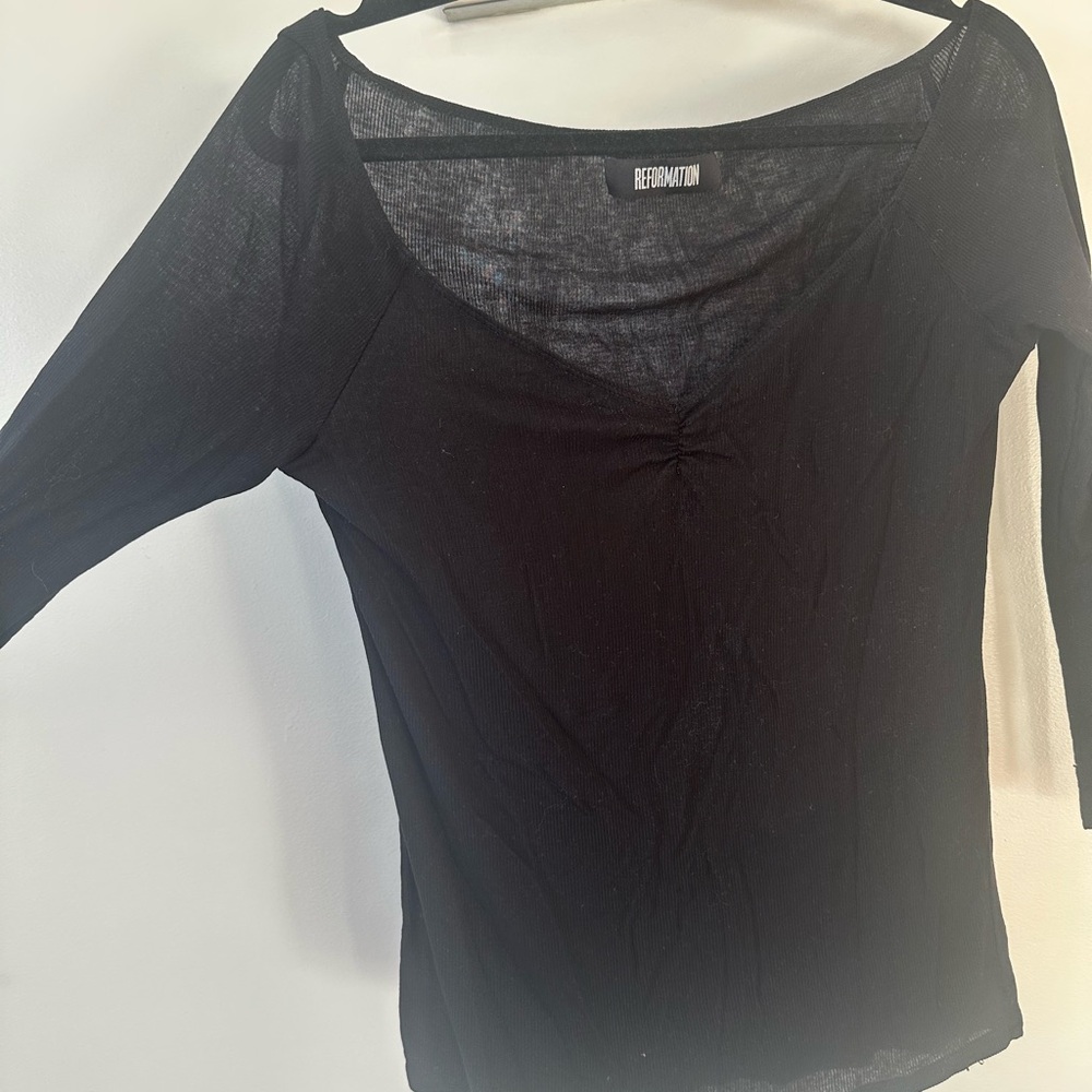 Reformation Black Fitted Ruched 3/4 Sleeve Blouse